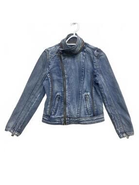 Women's Blue Denim Moto Jacket Turtleneck Collar Multi Zip Faux Pockets Faded